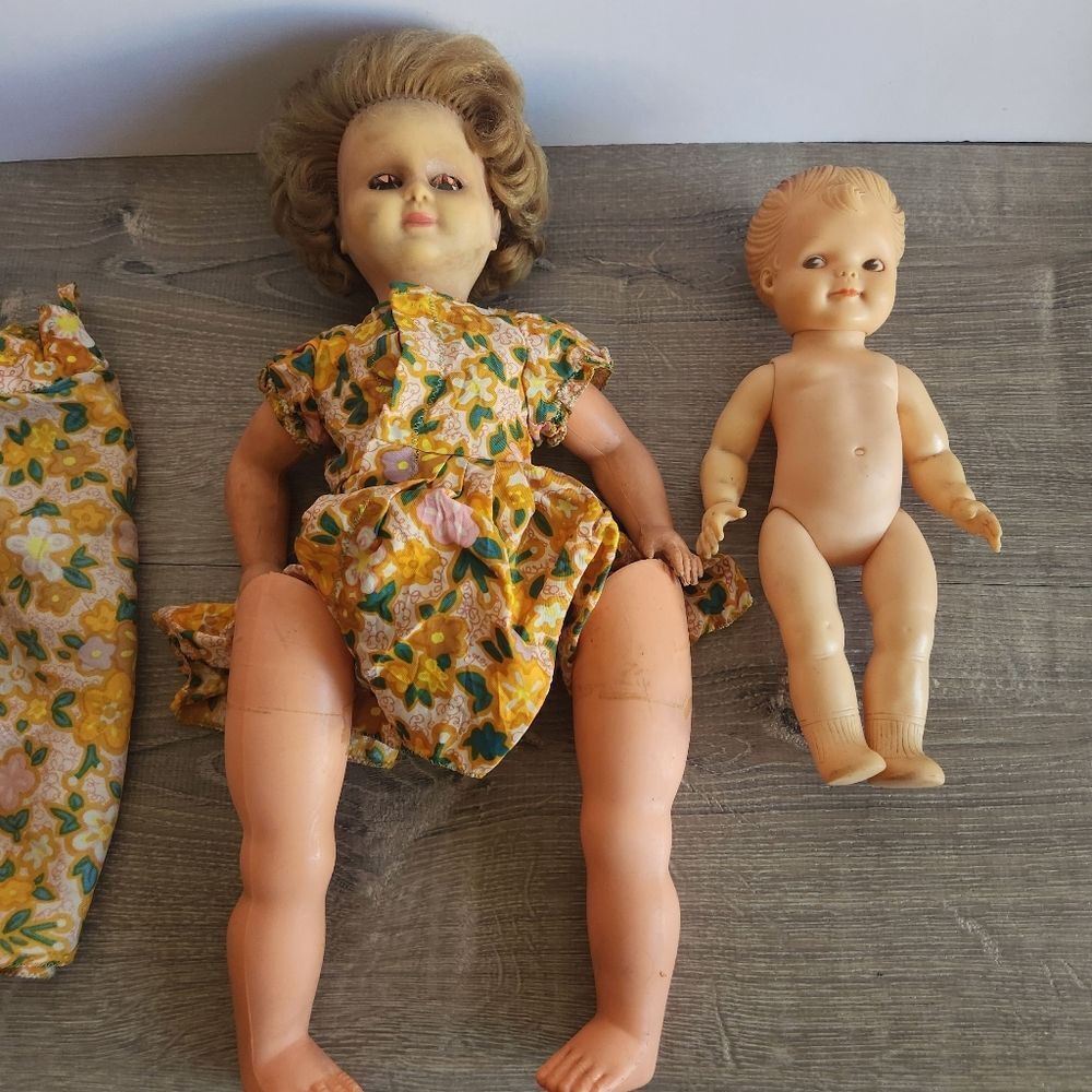 Vintage 18" & 11& Rubber Plastic Dolls Kewpie Style Open Eyes Haunted? READ